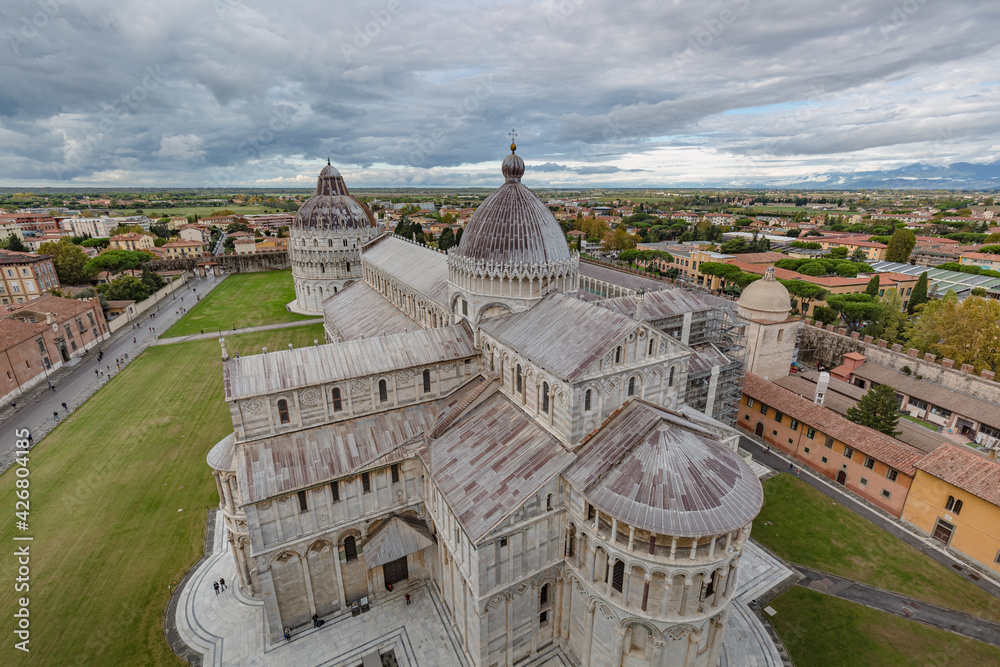View of The Pisa Cathedral (Duomo di Pisa) from the top of the leaning tower in Pisa, Italy