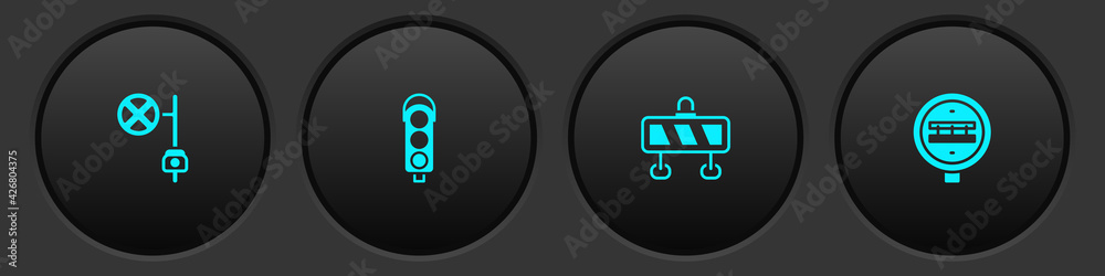 Set Stop sign with camera, Traffic light, Road barrier and Railroad crossing icon. Vector Set Stop sign with camera, Traffic light, Road barrier and Railroad crossing icon. Vector