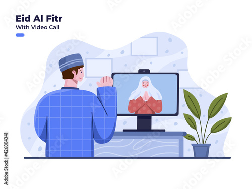 Muslim People Greeting Happy Eid Al Fitr Mubarak With video call online. Video conference when ramadan month and forgive each other. Couple greeting Eid Mubarak. Celebrate Eid Al Fitr Together online.