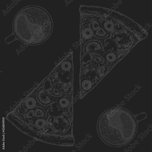 Vector drawing, pizza with coffee, table, organic food ingredients. Hand drawn pizza illustration. Great for menu, poster or label.