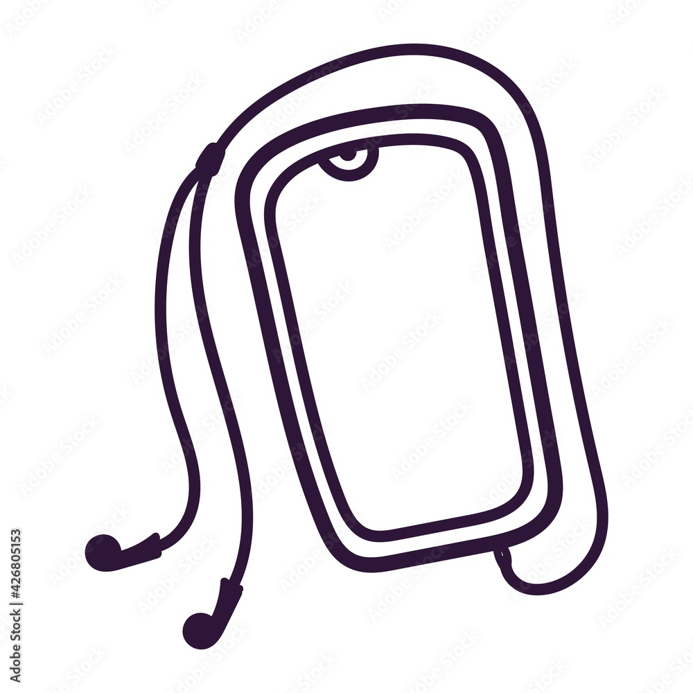 Doodle smartphone with headphones. Vector illustration isolated on white background