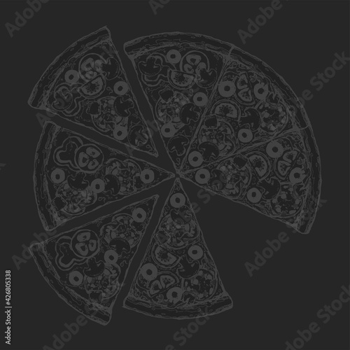 Vector drawing, pizza, table, organic food ingredients. Hand drawn pizza illustration. Great for menu, poster or label.