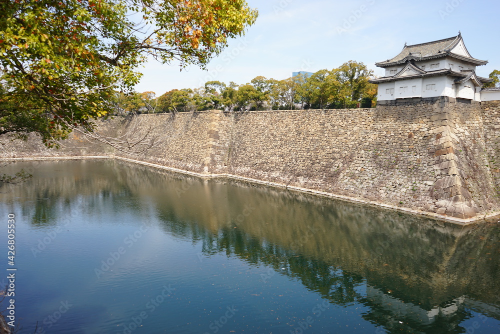 Osaka castle stone wall and moat in Osaka prefecture, Japan - 大阪城の千貫櫓 お濠 日本 Osaka castle stone wall and moat in Osaka prefecture, Japan - 大阪城の千貫櫓 お濠 日本