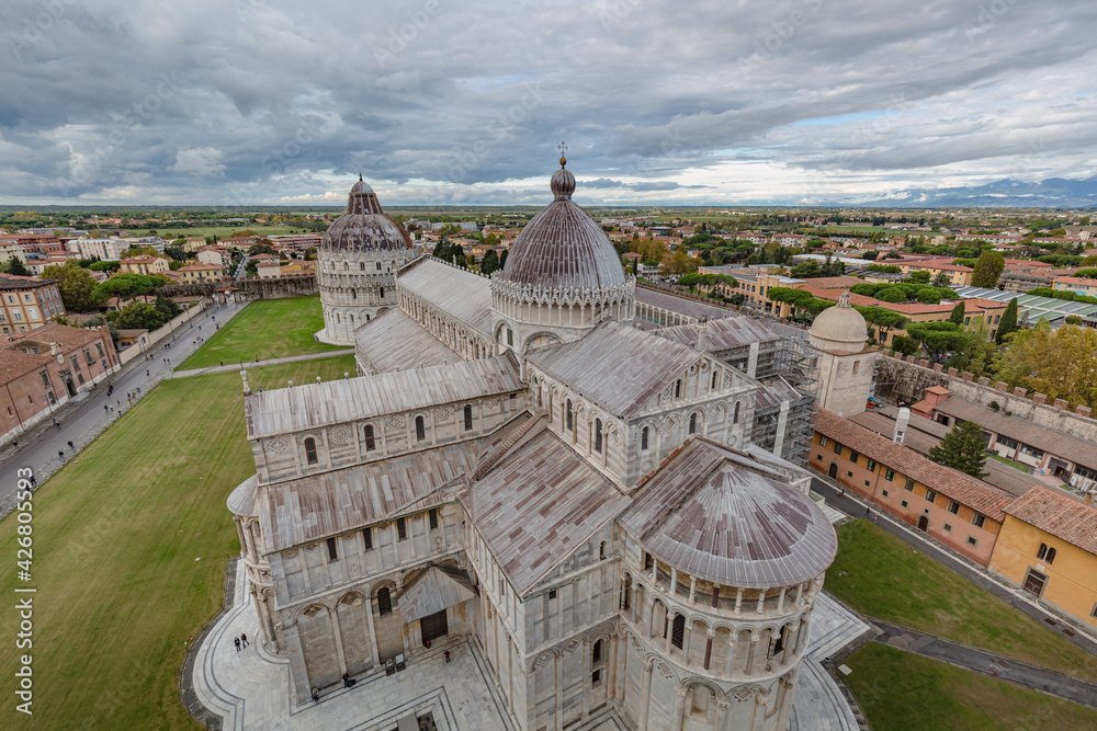View of The Pisa Cathedral (Duomo di Pisa) details from the stairs of the leaning tower in Pisa, Italy