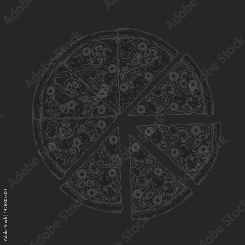 Vector drawing, pizza, table, organic food ingredients. Hand drawn pizza illustration. Great for menu, poster or label.