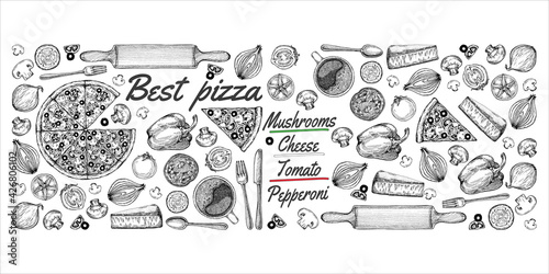  drawing, pizza, table, organic food ingredients. Hand drawn pizza illustration. Great for menu, poster or label.