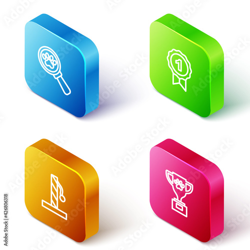 Set Isometric line Veterinary clinic, Dog award symbol, Cat scratching post and Pet icon. Vector