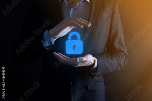 Cyber security network. Padlock icon and internet technology networking. Businessman protecting data personal information on virtual interface. Data protection privacy concept. GDPR. EU