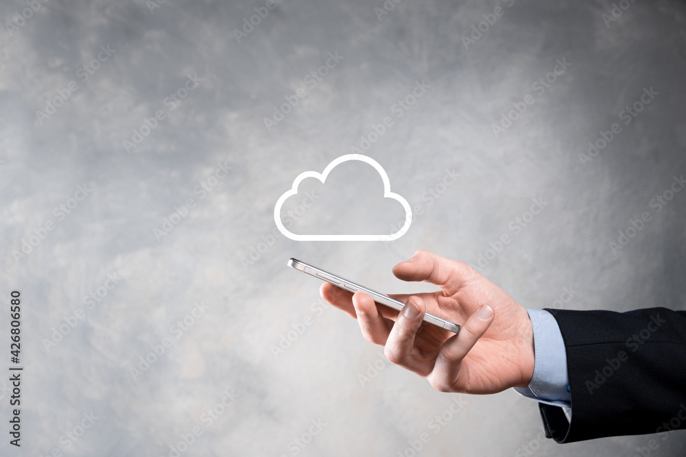 Business woman holding icon cloud computing network and icon connection data information in hand. Cloud computing and technology concept. Business woman holding icon cloud computing network and icon connection data information in hand. Cloud computing and technology concept.