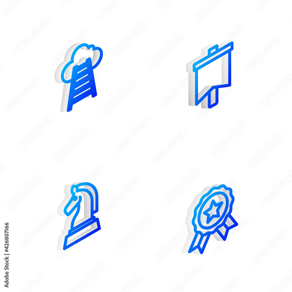 Set Isometric line Flag, Stair with finish flag, Chess and Medal icon. Vector