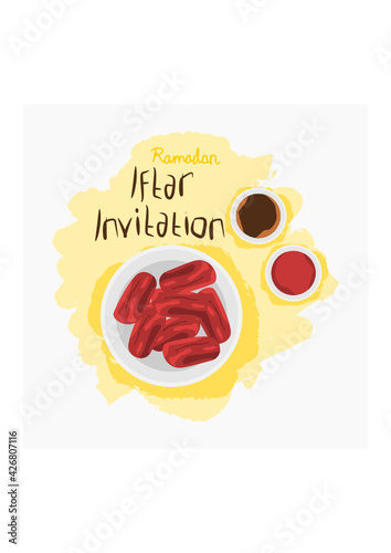 Editable Top View Dates Fruit With Coffee and Tea Vector Illustration on Brush Strokes for Ramadan Iftar Party Poster or Invitation Design Concept
