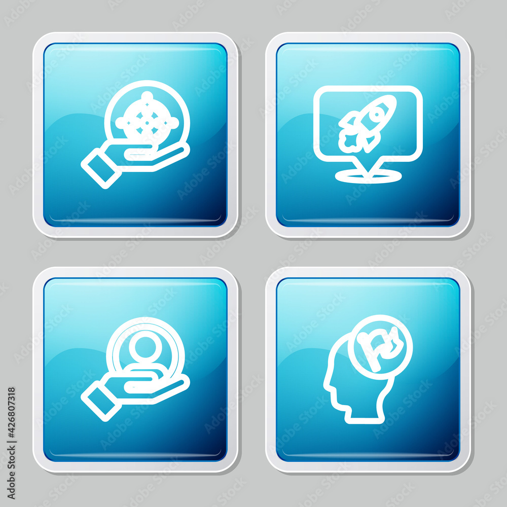 Set line Target, Rocket ship, Hand for search people and holding flag icon. Vector
