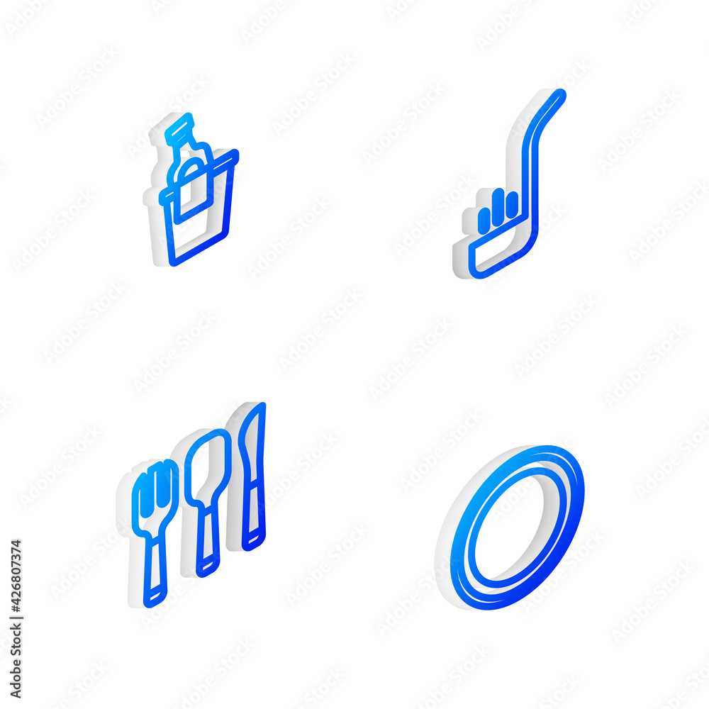 Set Isometric line Kitchen ladle, Champagne in an ice bucket, Fork, spoon and knife and Plate icon. Vector Set Isometric line Kitchen ladle, Champagne in an ice bucket, Fork, spoon and knife and Plate icon. Vector