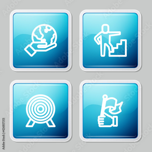 Set line Hand holding Earth globe, Stair with finish flag, Target and icon. Vector