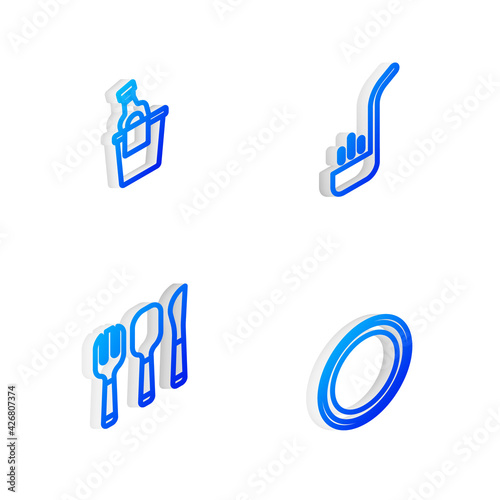 Set Isometric line Kitchen ladle, Champagne in an ice bucket, Fork, spoon and knife and Plate icon. Vector