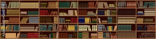Large bookcase in the library, shop with many different books. Vector background from books. Bookshelf.