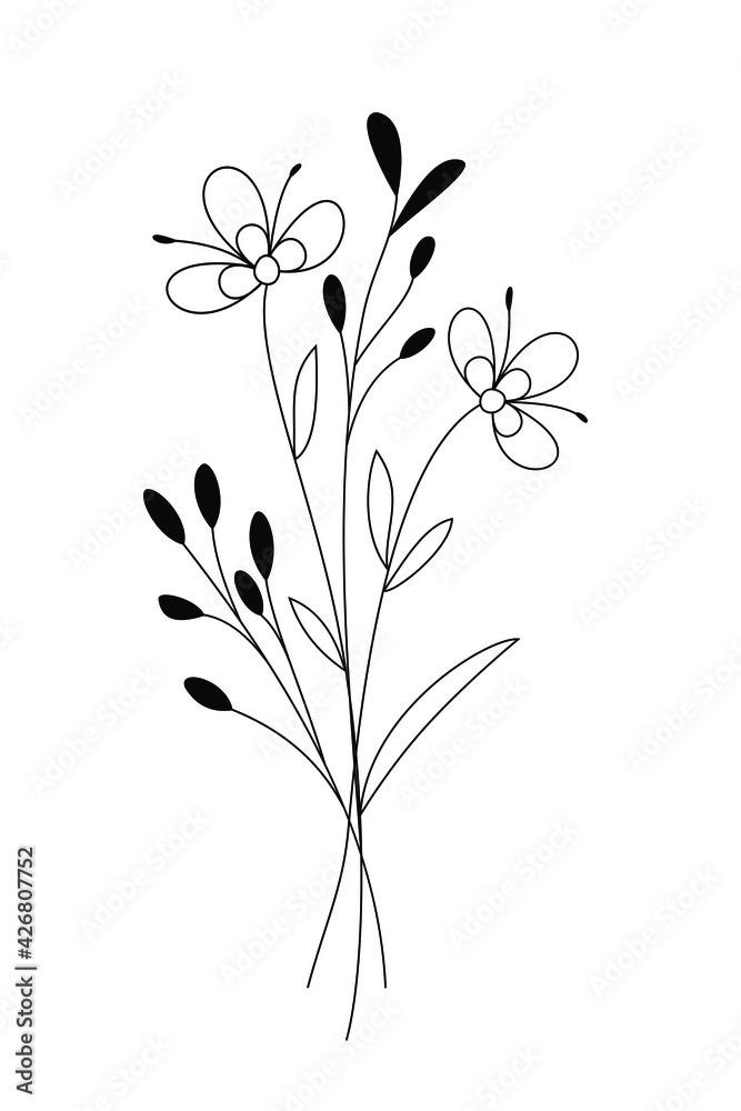 Bouquet of wild flowers on white background, fantasy. Close-up. Outline drawing. Black contour. Vector illustration. Design Elements.