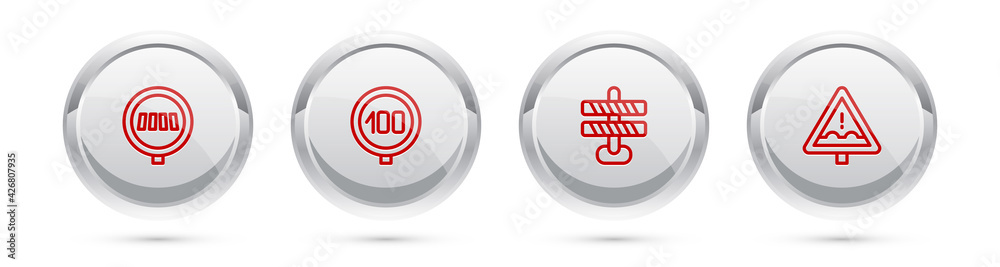 Set line Pedestrian crosswalk, Speed limit traffic, Road barrier and Uneven road ahead sign. Silver circle button. Vector Set line Pedestrian crosswalk, Speed limit traffic, Road barrier and Uneven road ahead sign. Silver circle button. Vector