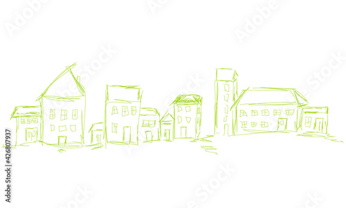 Panorama Grün Stadt Dorf Haus Häuser Zeichnung Skizze 
