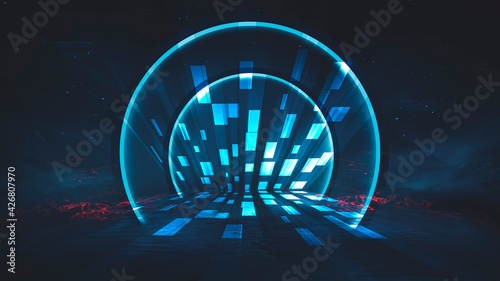 Fototapeta Naklejka Na Ścianę i Meble -  Futuristic fantasy night landscape with abstract landscape and island, moonlight, radiance, moon, neon. Dark natural scene with light reflection in water. Neon space galaxy portal. 3D illustration. 