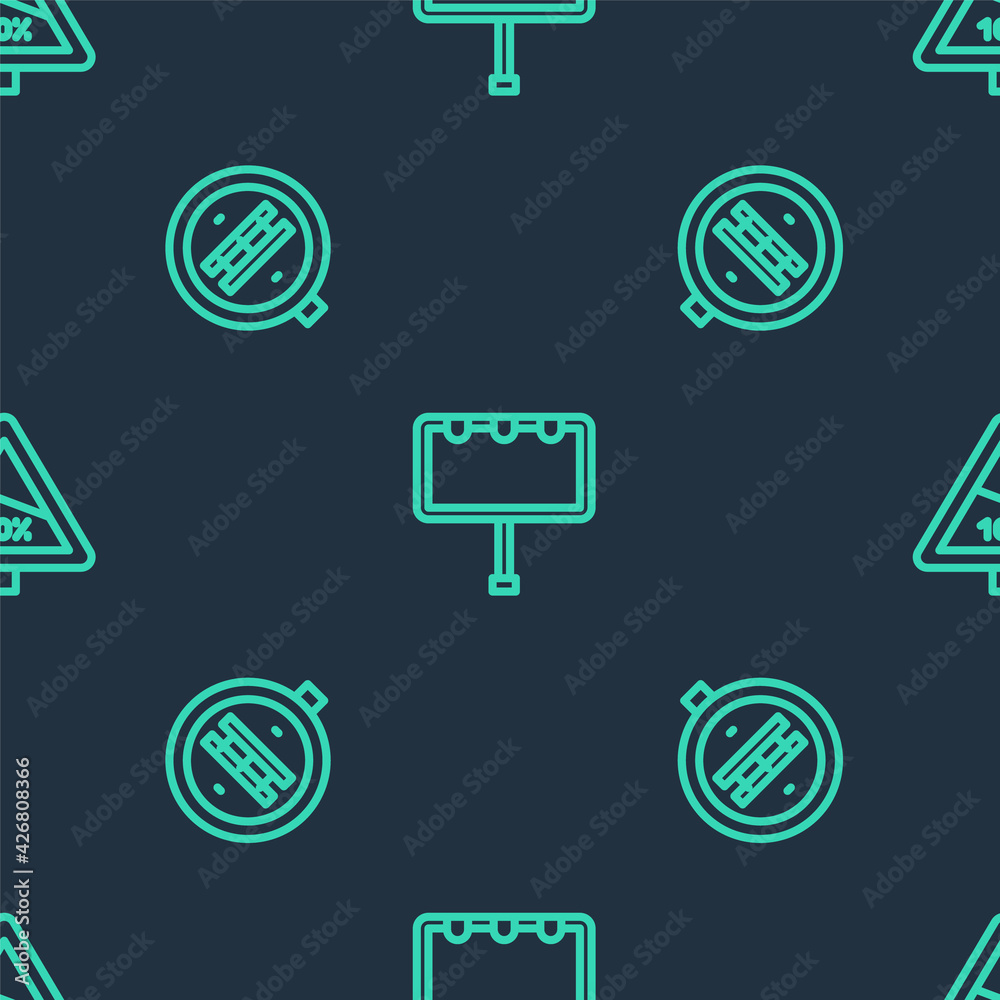 Set line Billboard with lights, Railroad crossing and Steep ascent and descent on seamless pattern. Vector