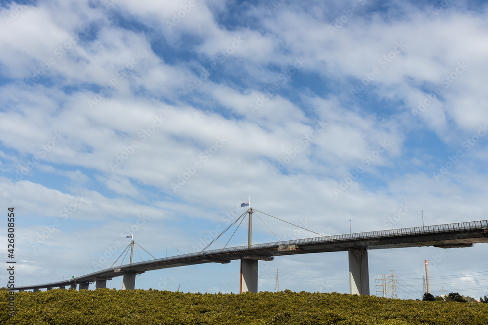 Westgate Bridge in Melbourne Australia with flag at half mast due to the death of Prince Philip, Duke of Edinburgh. Westgate Bridge in Melbourne Australia with flag at half mast due to the death of Prince Philip, Duke of Edinburgh.