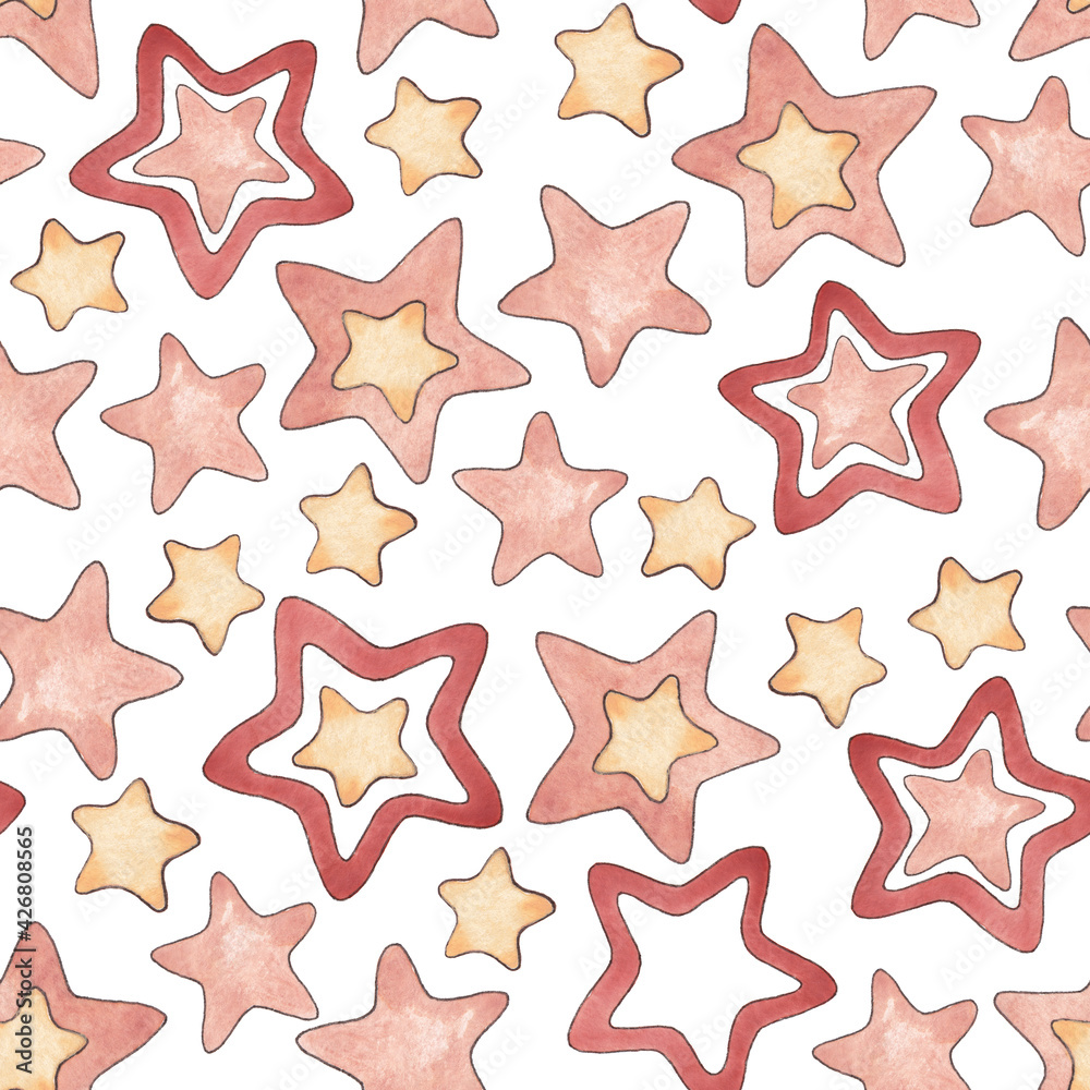 Seamless pattern from a set of watercolor illustrations of stars in red, cream colors isolated on a white background. Size 20 by 20 cm, 600 dpi Seamless pattern from a set of watercolor illustrations of stars in red, cream colors isolated on a white background. Size 20 by 20 cm, 600 dpi