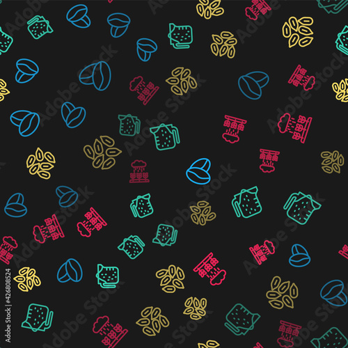 Set line Coffee beans, Measuring cup, Seed and Plant sprouts grow the rain on seamless pattern. Vector