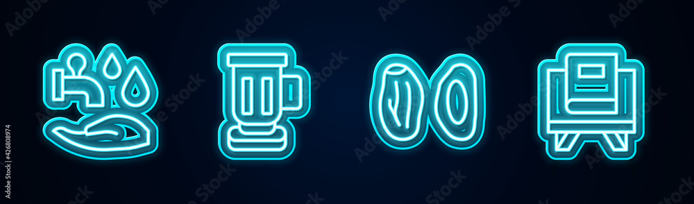 Set line Wudhu, Medieval goblet, Date fruit and Holy book of Koran. Glowing neon icon. Vector Set line Wudhu, Medieval goblet, Date fruit and Holy book of Koran. Glowing neon icon. Vector