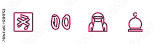 Set line Speaker mute, Muslim woman in niqab, Date fruit and Mosque icon. Vector