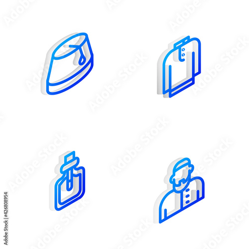 Set Isometric line Shirt kurta, Turkish hat, Perfume and Muslim man icon. Vector