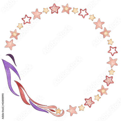 Wreath from a set of watercolor illustrations of red  pink  cream stars and comet in a retro style isolated on a white background