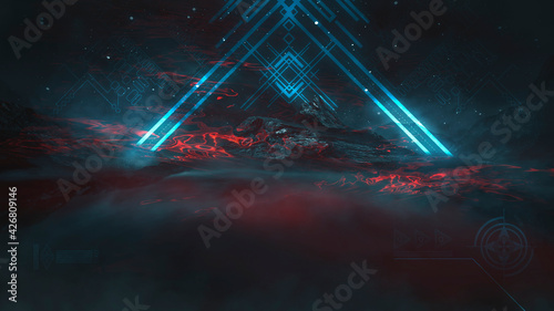 Fototapeta Naklejka Na Ścianę i Meble -  Futuristic fantasy night landscape with abstract landscape and island, moonlight, radiance, moon, neon. Dark natural scene with light reflection in water. Neon space galaxy portal. 3D illustration. 