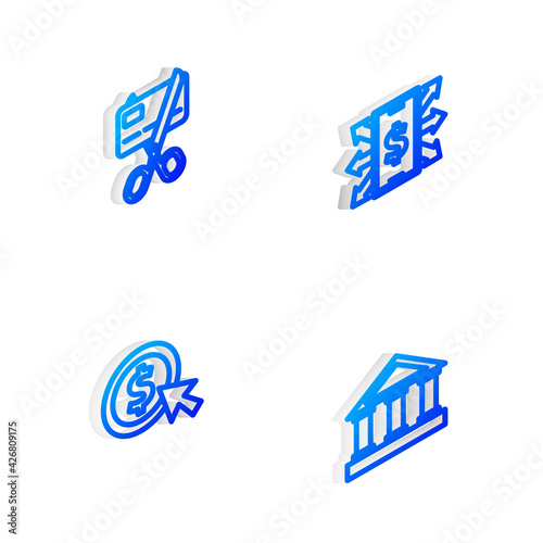 Set Isometric line Smartphone with dollar, Scissors cutting credit card, Coin money and Bank building icon. Vector