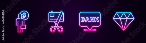Set line Business man planning mind, Scissors cutting credit card, Bank building and Diamond. Glowing neon icon. Vector