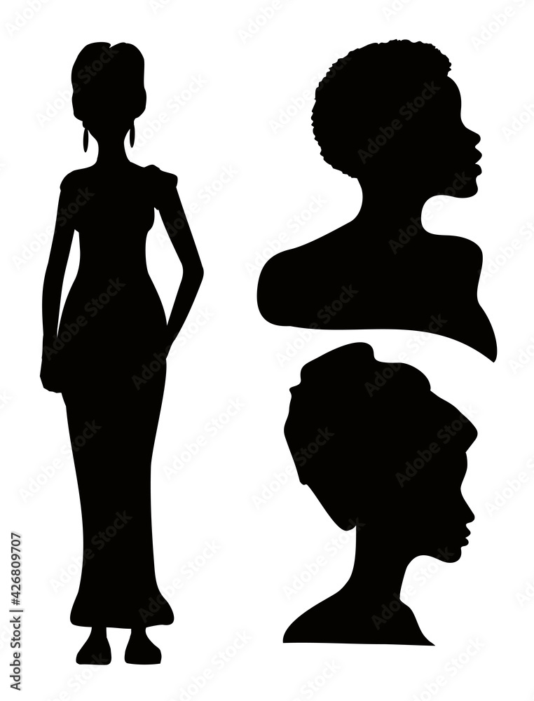 African American young woman face and figure vector black silhouettes. Silhouettes of African Americans. Female profile. Afro-american woman isolated on white.
