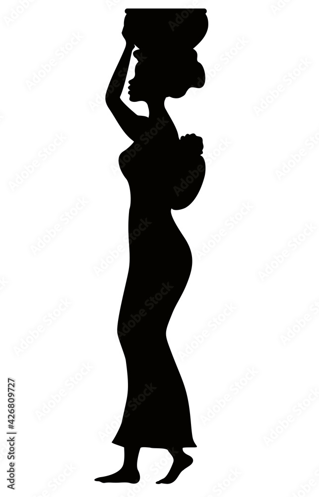 Silhouette of a beautiful African woman. Silhouette of african girl with baby. Tribal women. Woman with pitchers or plates on their heads. Vector illustration