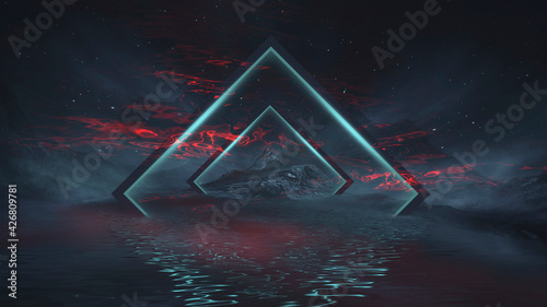 Fototapeta Naklejka Na Ścianę i Meble -  Futuristic fantasy night landscape with abstract landscape and island, moonlight, radiance, moon, neon. Dark natural scene with light reflection in water. Neon space galaxy portal. 3D illustration. 