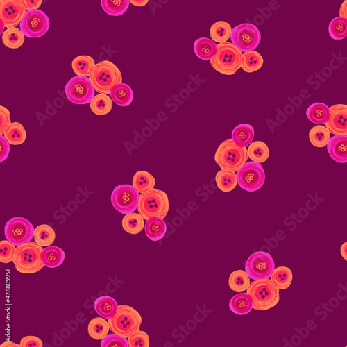 Pink orange purple floral seamless pattern. Painted flowers repeating background burgundy bordeaux. Modern Ditsy print. Seamless surface pattern design for textile, fashion, fabric, wallpaper, summer.