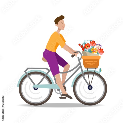 A man with flowers rides a bicycle. Illustration in flat style.