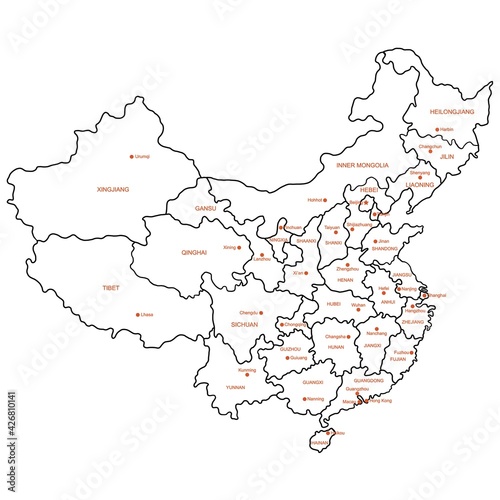 Doodle freehand drawing China political map with major cities. Vector illustration.
