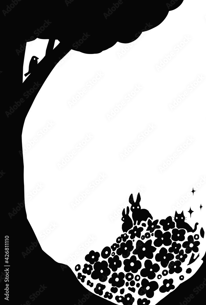 森のお花畑にウサギがいるシルエットの背景イラスト Stock Illustration Adobe Stock