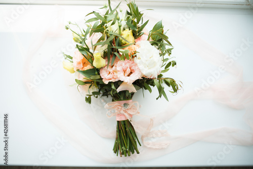 Fototapeta Naklejka Na Ścianę i Meble -  bouquet for the bride with pink peonies and eucalyptus