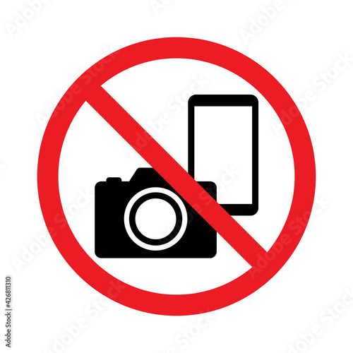 No photography, No camera and mobile phone sign, Prohibition symbol sticker for area places, Isolated on white background, Flat design vector illustration