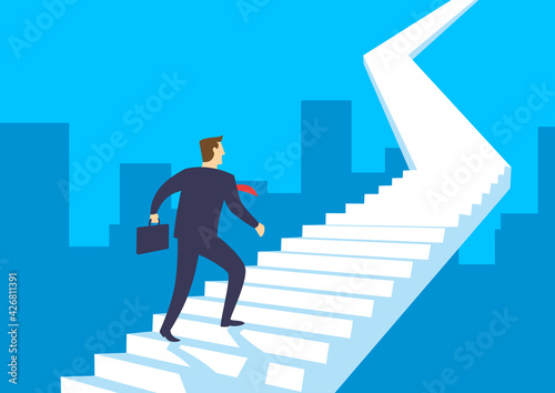 Businessman walking up stairway, Employee climb up the staircase, Business concept growth and the path to success, Flat design vector illustration