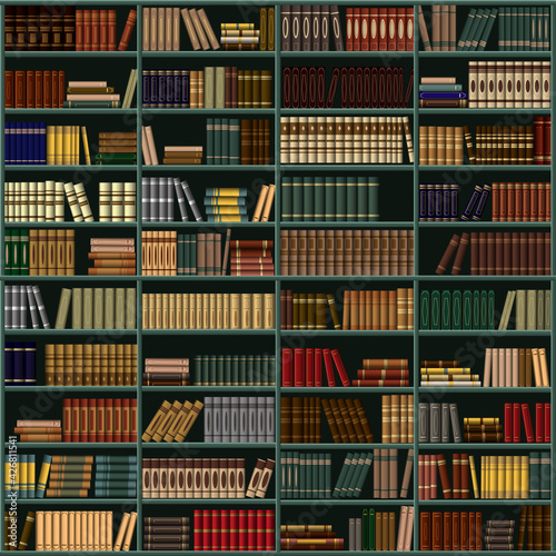 Vector background from books in the library, store. Bookshelf. Large bookcase with many different books.