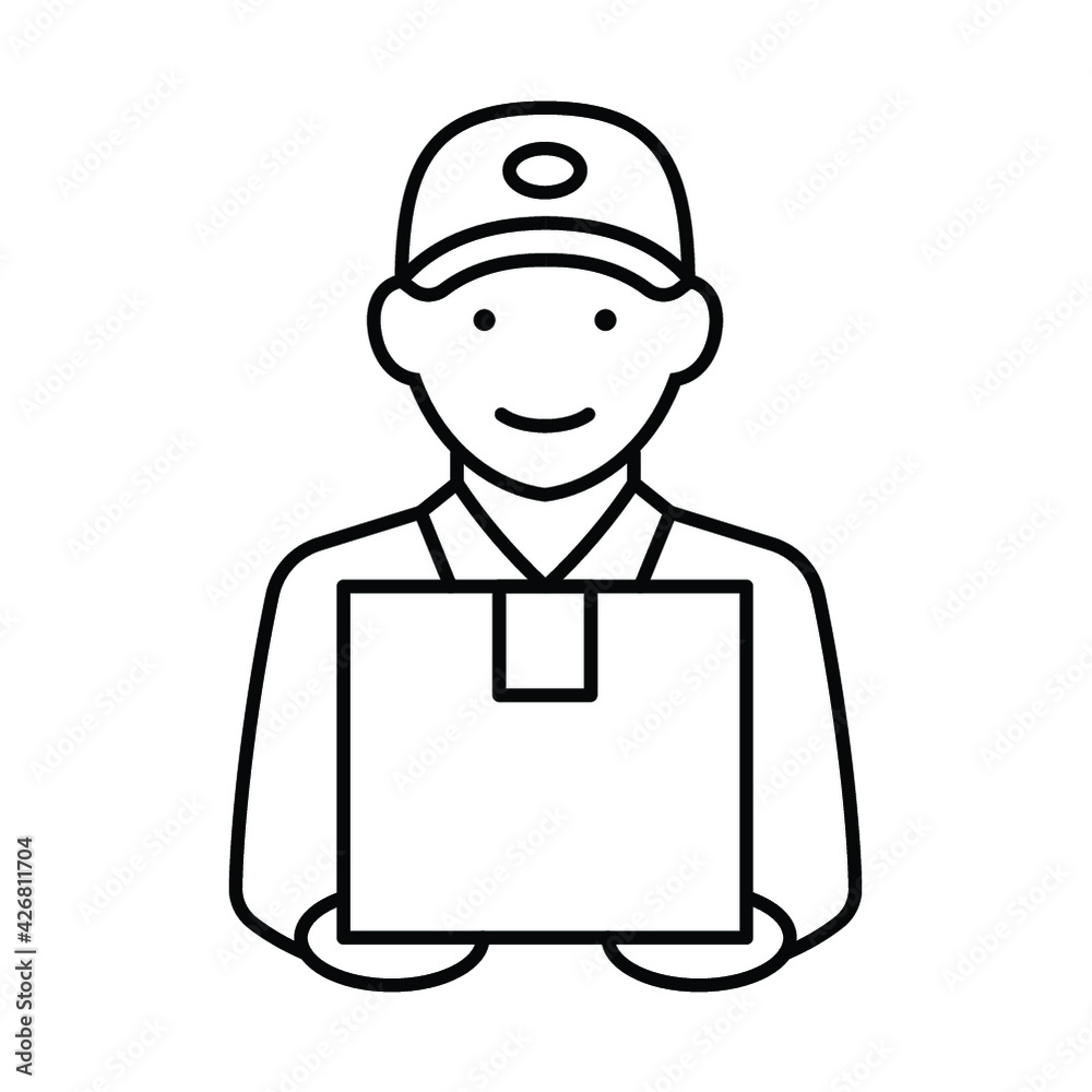 Delivery man holding box icon, Business delivery express service symbol, Outline flat design for apps and websites, Vector illustration