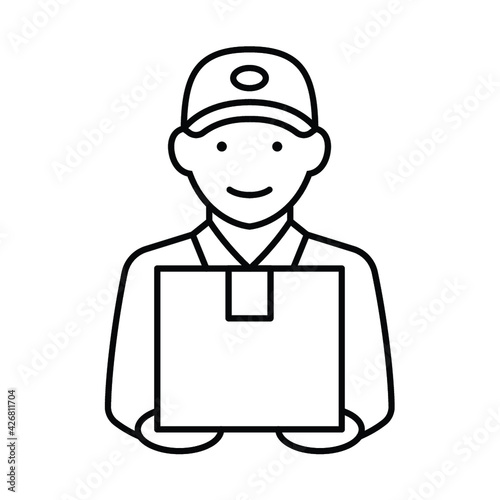 Delivery man holding box icon, Business delivery express service symbol, Outline flat design for apps and websites, Vector illustration © Jomic