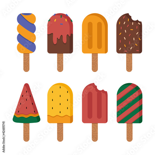 Ice cream collection. Colorful bright ice cream for children. Stock illustration. Summer dessert snacks collection. Sweet design elements, isolated on white background. © Lapalovee