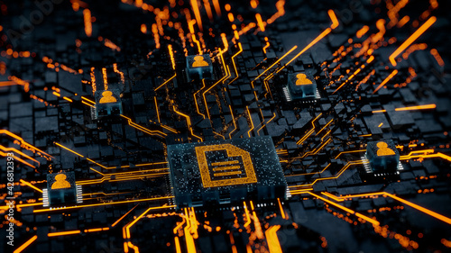 Word document Technology Concept with document symbol on a Microchip. Orange Neon Data flows between Users and the CPU across a Futuristic Motherboard. 3D render.